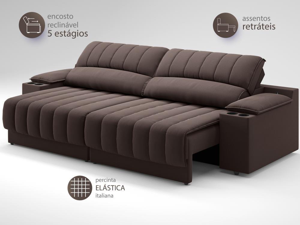 Sofá com Porta Copos Carregador USB Ret Rec Murano 2,30m Velosuede Chocolate - NETSOFAS - 5