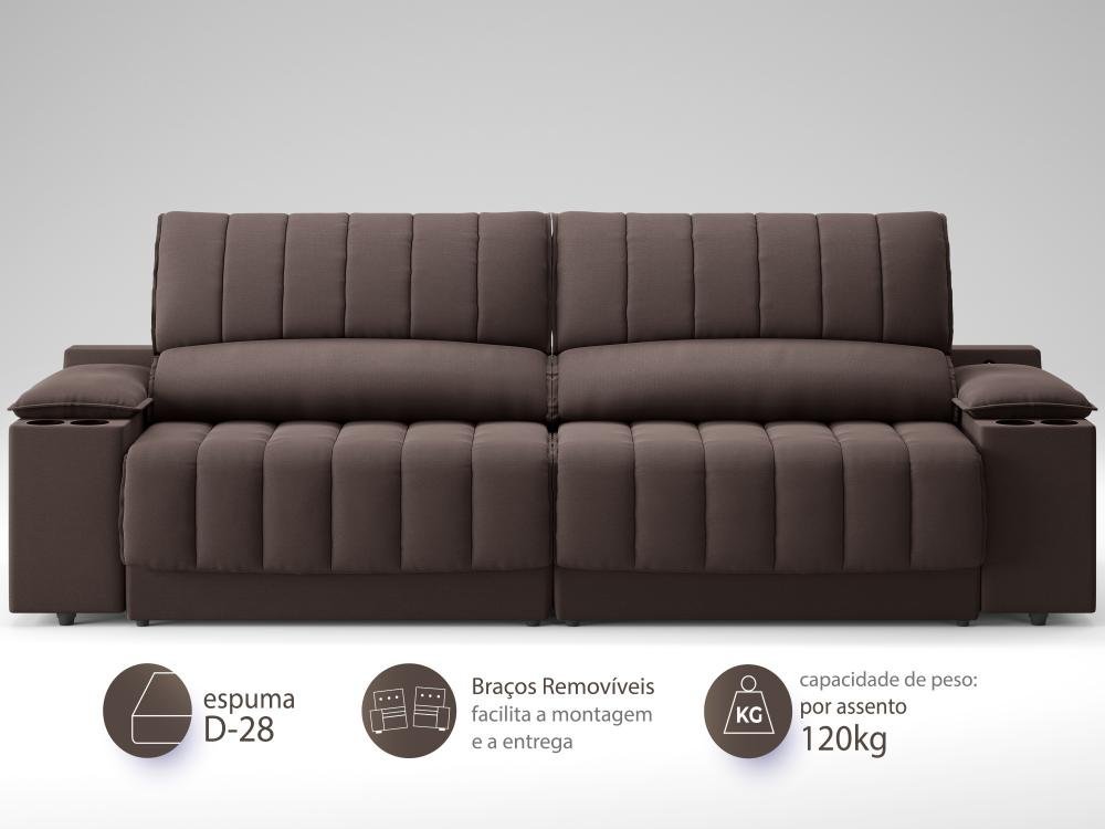 Sofá com Porta Copos Carregador USB Ret Rec Murano 2,30m Velosuede Chocolate - NETSOFAS - 4