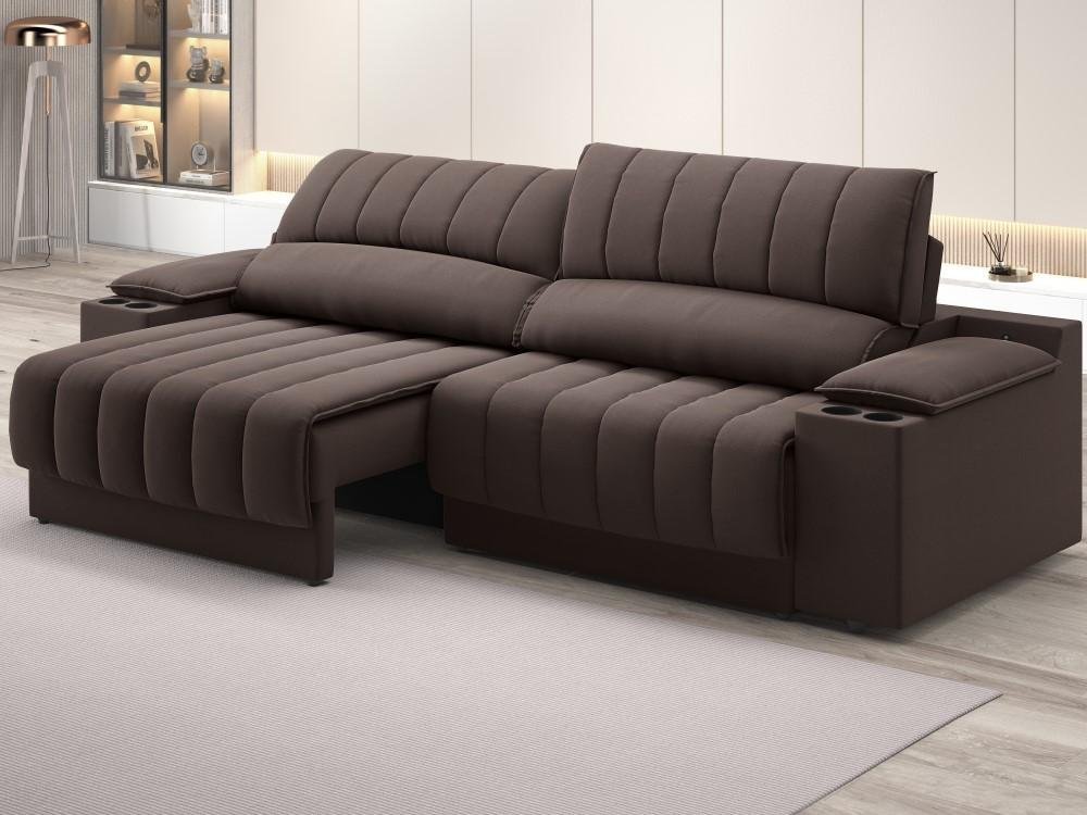 Sofá com Porta Copos Carregador USB Ret Rec Murano 2,30m Velosuede Chocolate - NETSOFAS - 1