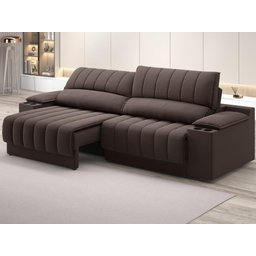 Sofá com Porta Copos Carregador USB Ret Rec Murano 2,30m Velosuede Chocolate - NETSOFAS - 1