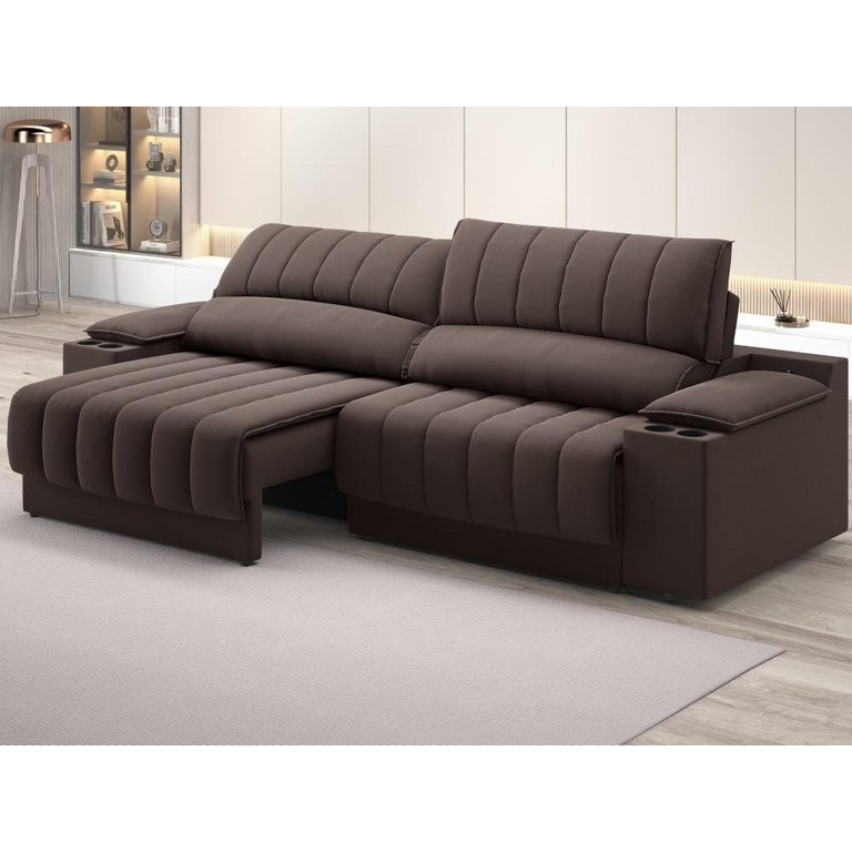 Sofá com Porta Copos Carregador USB Ret Rec Murano 2,30m Velosuede Chocolate - NETSOFAS