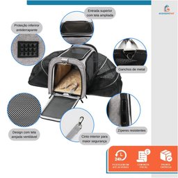 Kit Bolsa Pet Expansivel Transporte Viagem Cachorros e Gatos Cinza + Par de Luvas Magnética - Duke & - 3