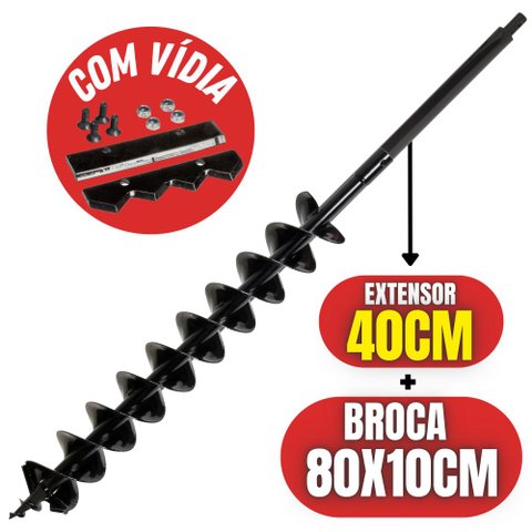 Broca Com Espiral Duplo E Lâmina de Vídia 80x10cm + Extensor 40cm Para Perfurador de Solo Toyama