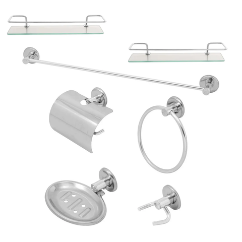 Kit Acessórios P/ Banheiro Aço Inox 7 Peças Reto Cromado