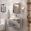 Ver imagem 1 de Conjunto Gabinete Banheiro Yaris 80cm (gabinete + Cuba + Espelheira +tampo Vidro) Madeirado / Cinza