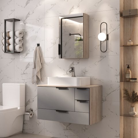 Conjunto Gabinete Banheiro Yaris 80cm (gabinete + Cuba + Espelheira +tampo Vidro) Madeirado / Cinza