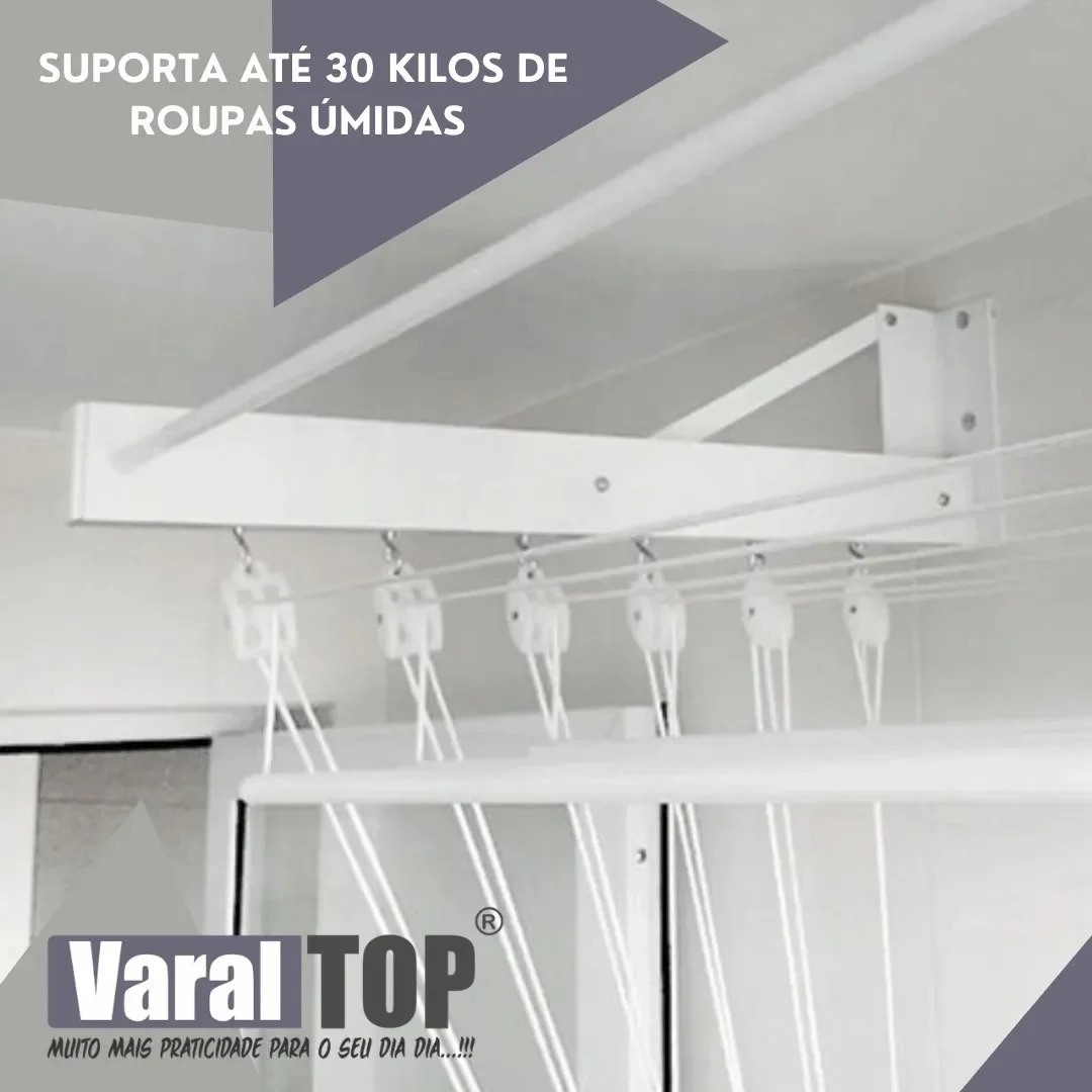 Varal De Parede Individual 200cm x 06 Varetas - Em Alumínio Branco - 3