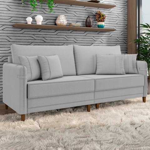 Sofá 3 Lugares Living 192cm Pé Madeira Zoe Boucle Cinza Z08 - Mpozenato