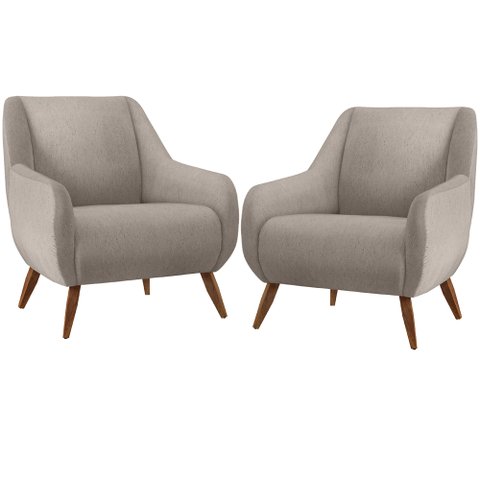 Kit 02 Poltronas Decorativa Fixa Pés de Madeira Paloma D02 Linho Bege C-107 - Lyam Decor