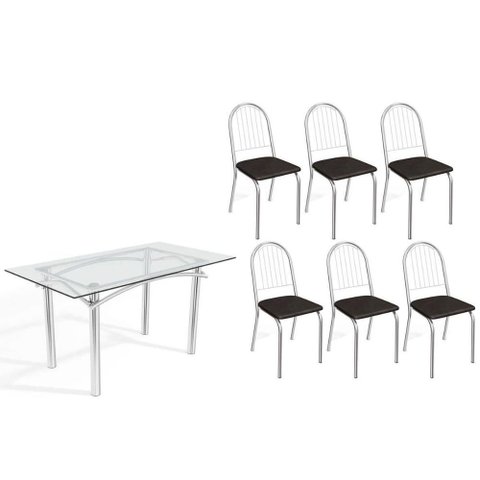 Conjunto: Mesa de Cozinha Elba C/ Tampo de Vidro 150cm e 6 Cadeiras Noruega Cromada - Courano Preto