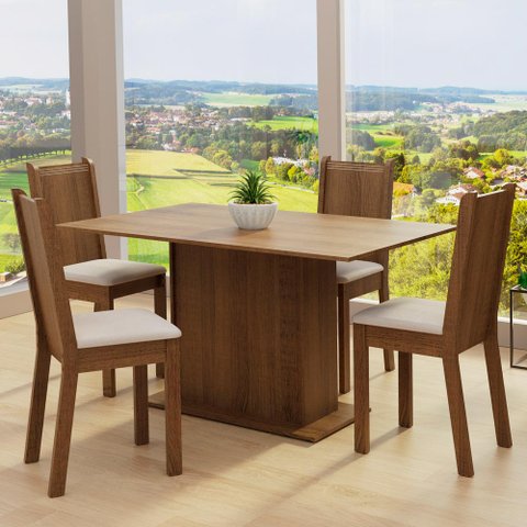 Conjunto Sala de Jantar Madesa Luana Mesa Tampo de Madeira com 4 Cadeiras Rustic/Pérola Cor:Rustic/P