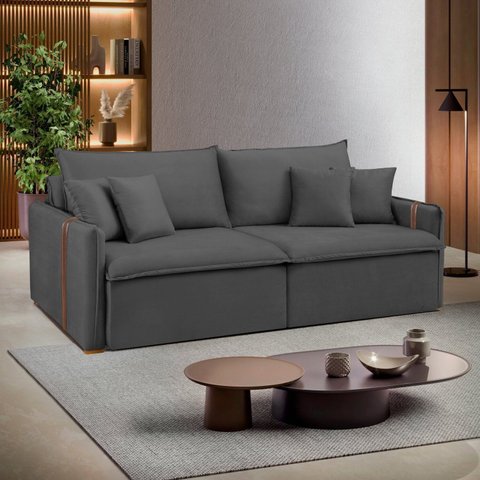 Sofá Cama Retrátil e Reclinável 3 Lugares Veludo Cinza Windson 200cm Yescasa