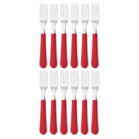 Kit 12 Garfos de Sobremesa Tramontina Leme Inox Cabo Vermelho