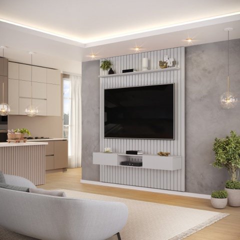 Conjunto com Painel Ripado e Bancada Suspensa 183cm Trento para Sala de Estar Bali DJ Móveis