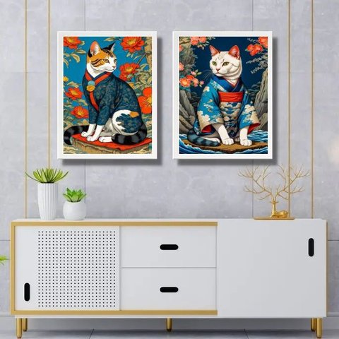 Kit 2 Quadros Arte Oriental - Gatos de Kimono 33x24cm - com Vidro:moldura Branca