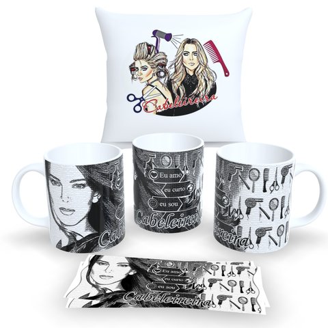 Kit com 1 Caneca de Porcelana e 1 Almofada Branca 30x30cm Personalizadas Profissões "cabeleireiro"