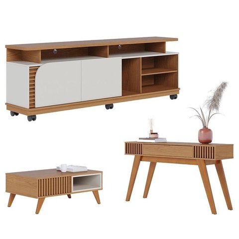 Rack Bancada Jurerê 1.8 com Mesa de Centro Jeri Freijó Off White Matte e Aparador Riviera Freijó – C