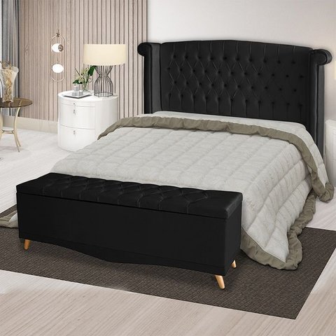 Kit Cabeceira de Cama Box e Calçadeira Baú Malibu King 195 Cm Suede Preto Eli Móveis