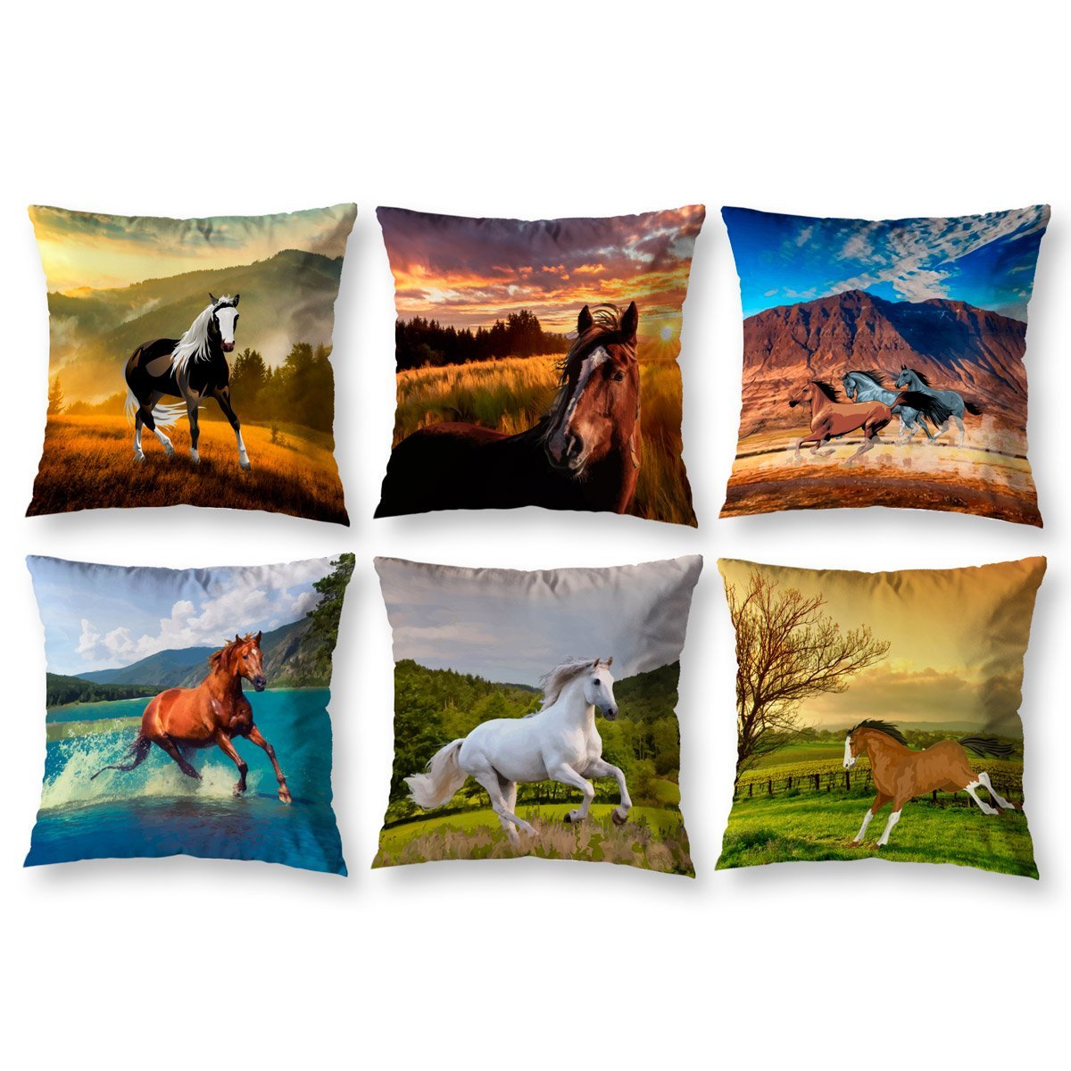 Kit 6 Almofadas Cheias 40cm X 40cm Decorativas Estampadas Digital Coloridas Sala Sofá Quarto Cavalo