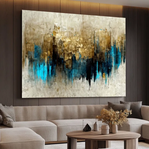 Quadro Abstrato Grande Decorativo Aura de Ouro com Azul