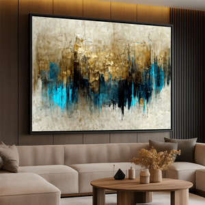Quadro Abstrato Grande Moderno Decorativo Aura de Ouro com Azul 153x103