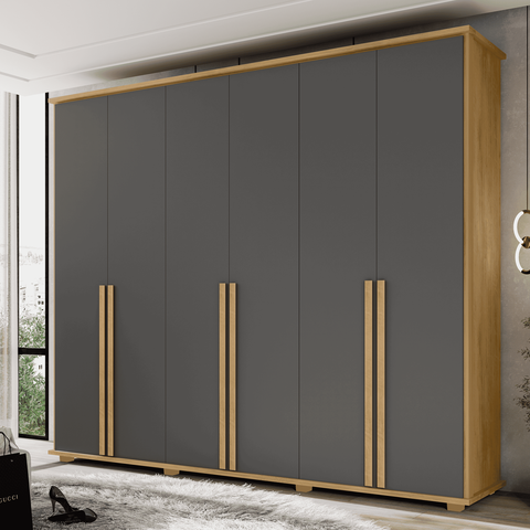 Guarda-Roupa 6 Portas com 5 Gavetas Internas 1 com Divisória e Maleiro Estrela RV Móveis Cinza/Cinamomo/Grafite
