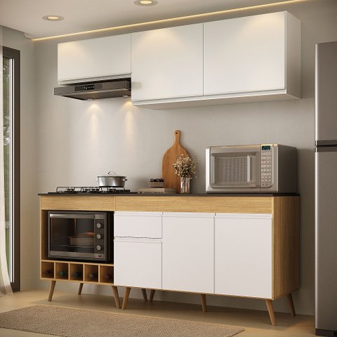Armário de Cozinha Modulada Completa com Balcão 190cm Veneza Multimóveis MP2420 Madeirado/Branco
