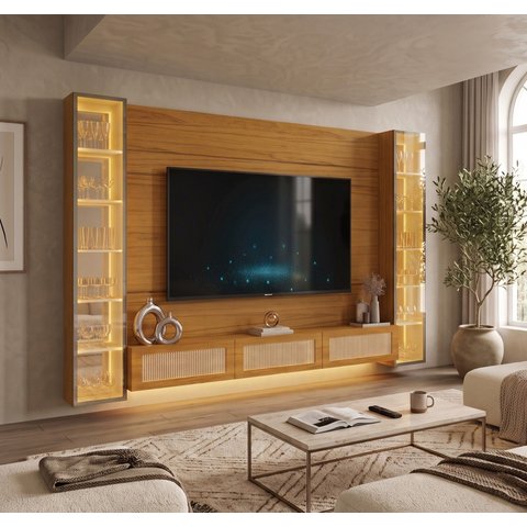 Estante Home para TV até 85 Polegadas com LED e Vidro Reflecta 100% MDF 217,6CMX293,4cm Luminare Marrom
