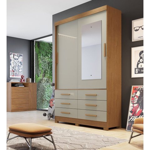 Guarda Roupa Solteiro Buriti 2 Portas e 6 Gavetas com Espelho Novo Horizonte Cumaru/Fendi