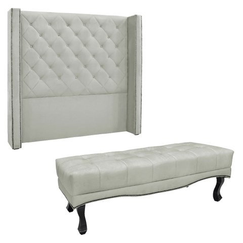 Kit Cabeceira e Calçadeira Recamier Queen 1,60m Vicenza Veludo - Pallazio Cinza Prata