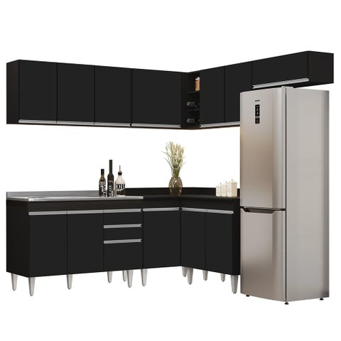Armário de Cozinha Modulado de Canto 7 Peças Cp21 com Pia Inox Preto - Lumil Lumil Móveis