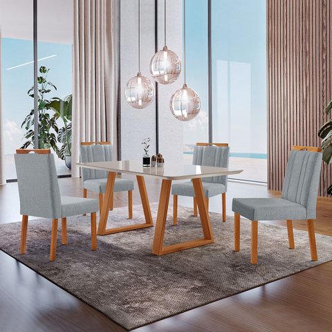 Conjunto Sala de Jantar Mesa Viena Madeira Maciça 140x80cm Tampo Retângular Vidro Off White com 4 Ca