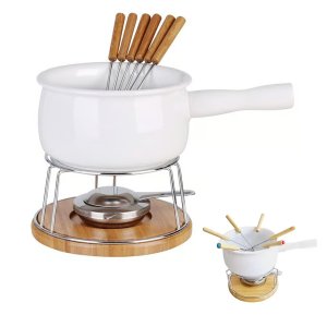 Conjunto Fondue 11 Peças Ceramica Panela Garfo Fogareiro Bambu Frio Inverno Queijo Chocolate Molho C