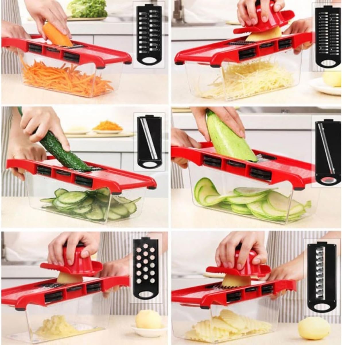 Ralador Fatiador Cortador de Legumes e Frutas com Recipiente e Lâminas - em Inox 6 em 1 Slicer - 7