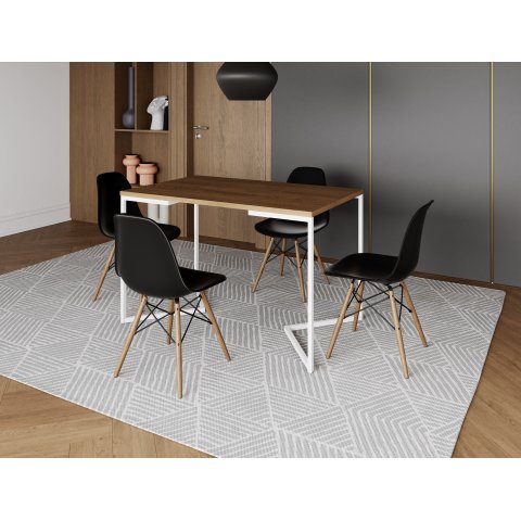 Mesa de Jantar Industrial Base Ferro Branco em  V  Tampo 137x90 Amêndoa 4 Cadeiras Eames Madeira Ass