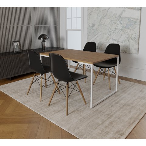 Mesa Industrial Base Ferro Branco Tampo 137x90 Amêndoa 4 Cadeiras Eames Madeira Assento Preto