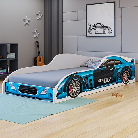 Cama Carro Solteiro Quarto Meninos Mdf Resistente Montessori:azul