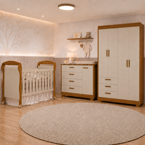 Quarto de Bebê Zaki Completo Berço 2 em 1, Guarda-Roupa 4 Portas, Cômoda Sapateira 100% MDF Areia /Savana