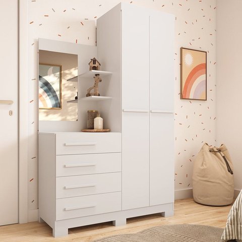 Guarda-Roupa Infantil 2 Portas 4 Gavetas com Espelho 100% MDF 110cm Auris Espresso Móveis Branco/Rosa/Azul/Lilás