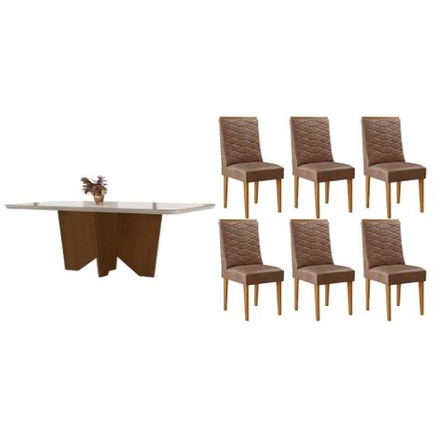 Conjunto: Mesa de Cozinha Nevada Curvo 180cm + 6 Cadeiras Maldivas Madeira Naturale/off White -
