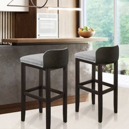 Kit 2 Banquetas Luxo Alta Onix - Base em Madeira Maciça - Estofado em Linho Com Composê no Corino -  - 3