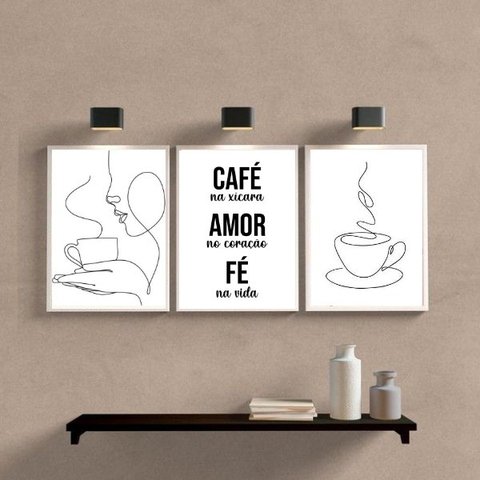 Kit 3 Quadros Minimalistas para Cantinho do café 33x24cm - com Vidro:madeira Branca