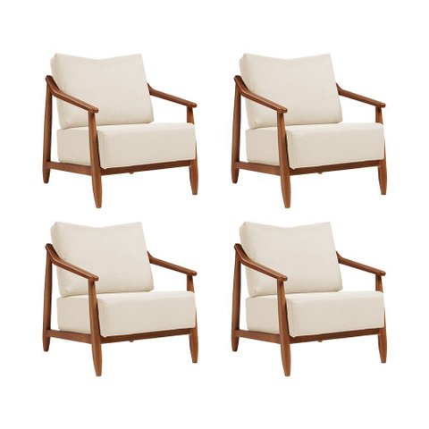 Kit 4 Poltronas Decorativa Vita Estofada Linho Off White - Mel