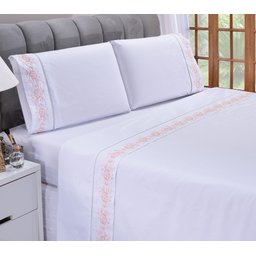 Jogo de Lençol Queen Size 200 Fios Floral Branco C/salmão 4pç - 1