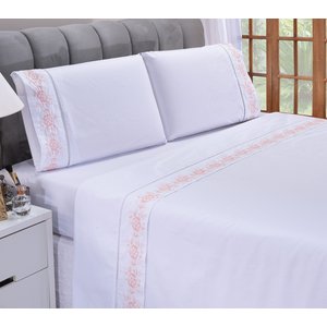 Jogo de Lençol Queen Size 200 Fios Floral Branco C/salmão 4pç