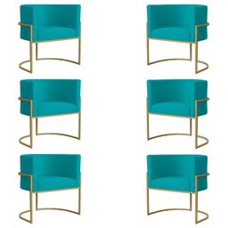 Kit 6 Poltronas Decorativa Sala de Estar Luana Base Gold Suede Azul Turquesa - Montanaris Decor Md M - 1