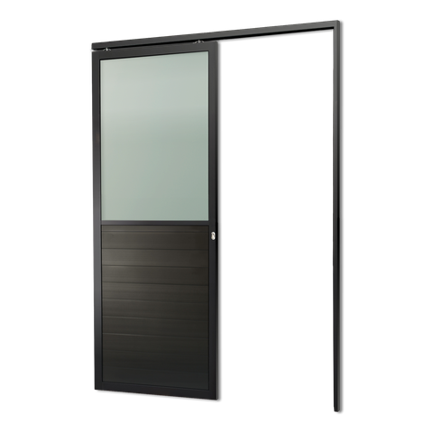 Porta de Correr Suspensa Meia Lambril Meia Vidro Dir L.25 Preta 210x100 Brimak