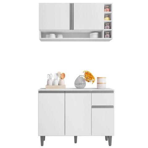 Kit Raquel Cozinha Balcão 3 Portas S/ Tampo + Aéreo 2 Portas Branco - Bela Móveis