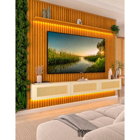 Conjunto Módulo Home Painel Ripado Nicho Suspenso Palina 230 Cor:Offwhite/Madeira