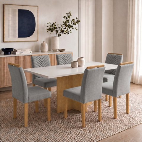 Conjunto de Sala de Jantar 6 Lugares MDF 160x80cm Carol Cinamomo Off White Cinza